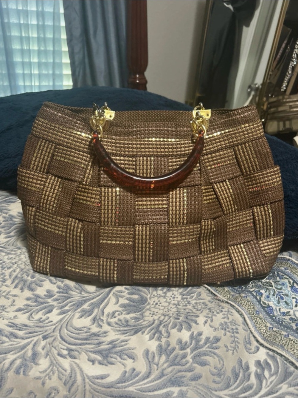 Woven Brown Tote Bag with Tortoiseshell Handle